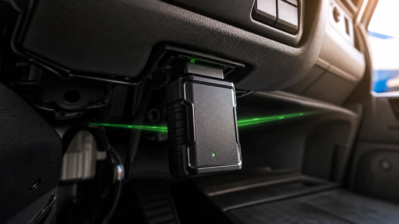 차량 OBD-II 포트에 직결된 GLEC Carbon DTG — 약 5분 설치